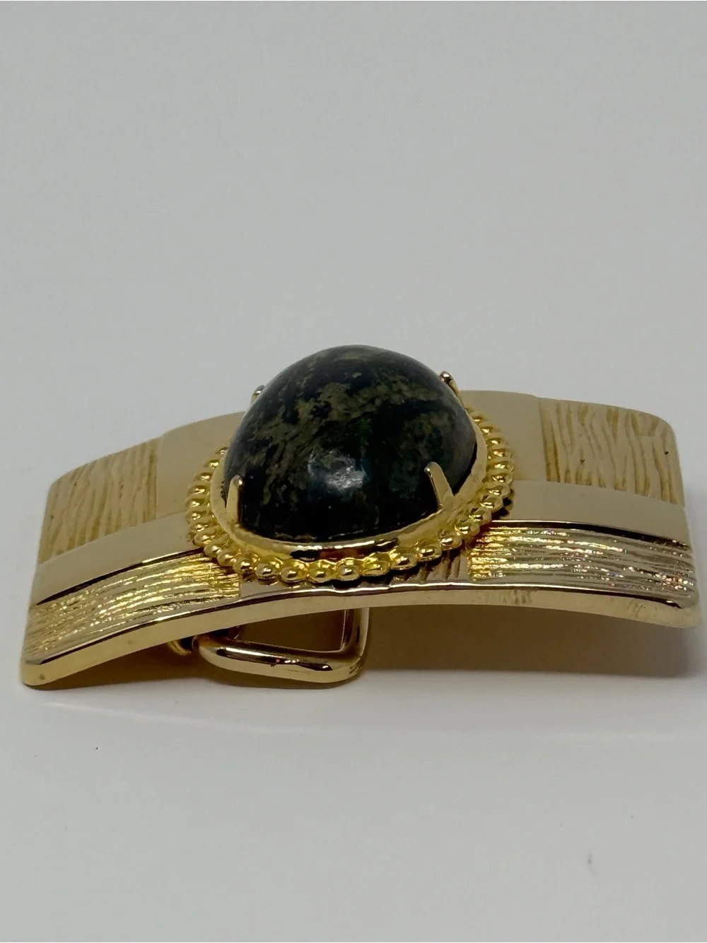 Vintage Gold Tone Belt Buckle Statement Green Stone Cabochon Rectangle Textured